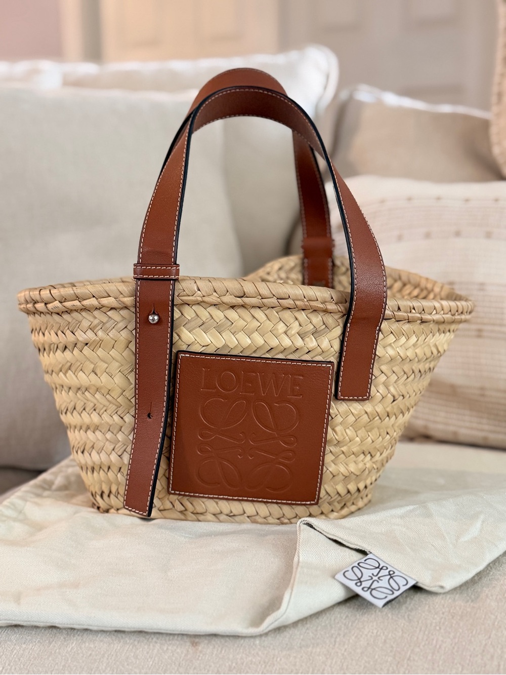 Loewe Brown Leather-Trim Straw Basket Bag small
